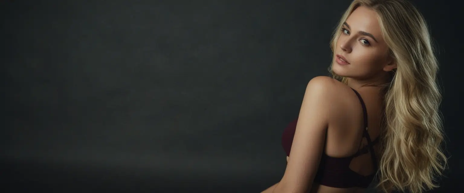 Blonde woman on plain dark background