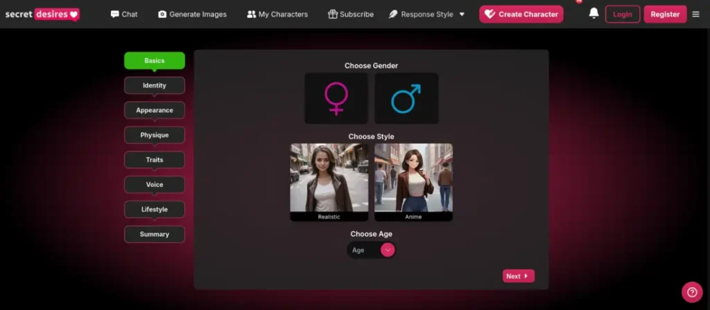 SecretDesires Character Generator page